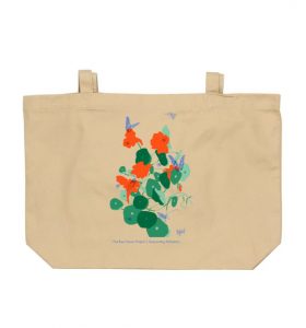 beige canvas tote with flower and butterfly illustration