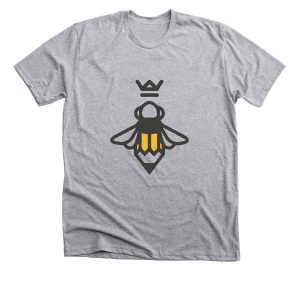 a grey t-shirt with a bee logo